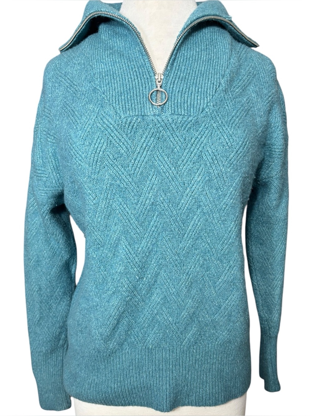 Rachel Zoe Teal Blue Chevron Zip Pullover Sweater (Size S) - Picture 2 of 4